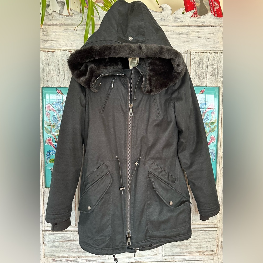 Hoodlamb Hemp Tailor Coat with Oversized Hood, EUC, Black, XS